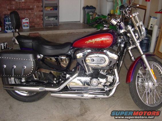 Red and purple 2006 Harley-Davidson Sportster Custom motorcycle with saddlebags and a windshield