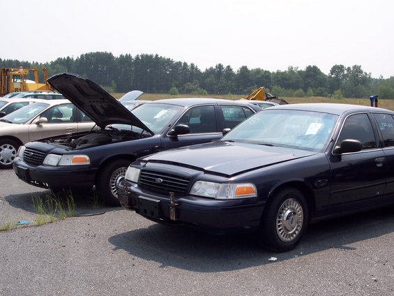 Two dark blue Ford Crown Victoria police cars parked in a lot, one with hood open