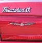 Close-up of a red car's rear panel with 'Thunderbird' script and a winged emblem