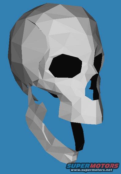low-poly skull model with jaw detached, on blue background. Supermotors.net logo at bottom right