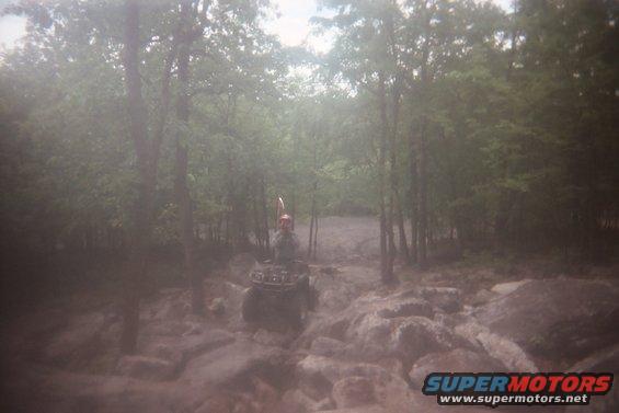 ATV rider on a muddy, rocky trail through trees. Rider has a flag