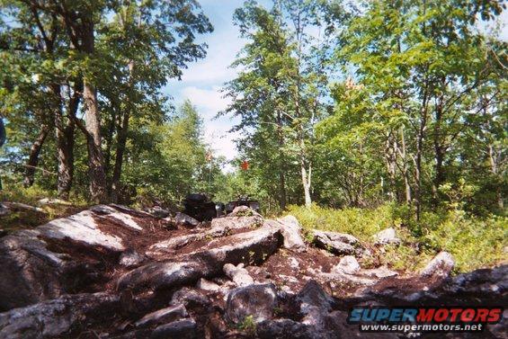All-terrain vehicle on a rocky, wooded trail