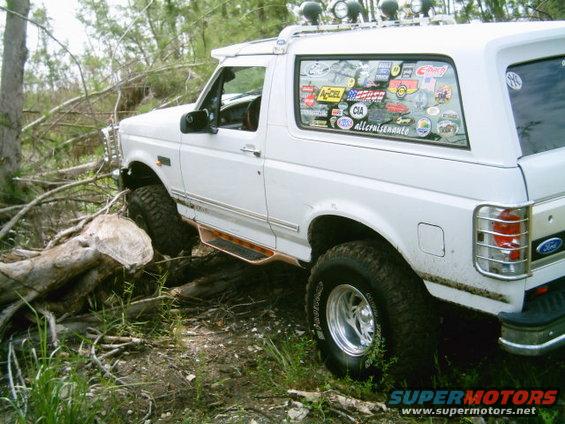 White Ford Bronco with off-road tires and roof lights, driving over fallen trees