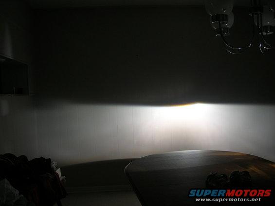 Headlight beam pattern projected onto a wall, with a table in the foreground