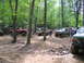 1995 Ford C-350 (Centurion Conversions) - Several off-road trucks are gathered in a clearing surrounded by trees.