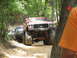 1995 Ford C-350 (Centurion Conversions) - A red 1979 Ford F-Series truck, modified for off-roading, navigates a wooded trail with other vehicles behind it.