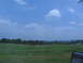 1995 Ford C-350 (Centurion Conversions) - A rural scene captured from a vehicle's side mirror, showing rolling green fields and distant trees under a cloudy sky.