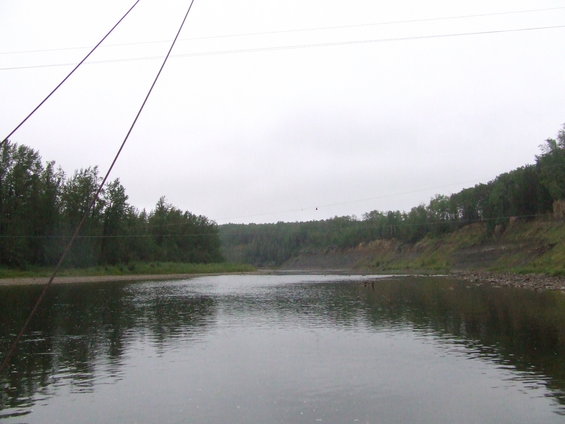 River with trees on the banks and power lines overhead