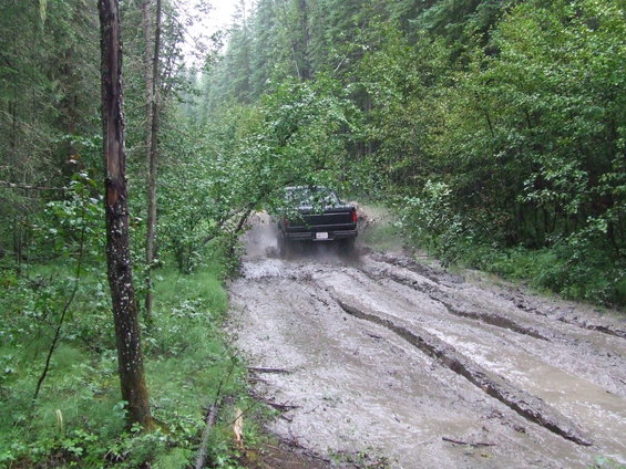 Black pickup truck driving through a muddy forest road, kicking up water