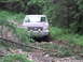 1990 Ford Bronco - This Ford Bronco is navigating a rough, overgrown path through a forest.