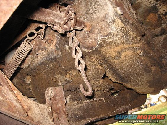 Undercarriage of a rusty vehicle showing a chain and spring mechanism. Some wood bracing is visible