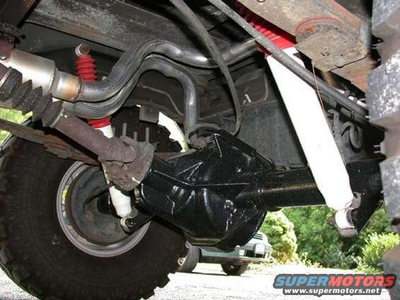 Rear axle, leaf springs, and white shock absorber on a vehicle