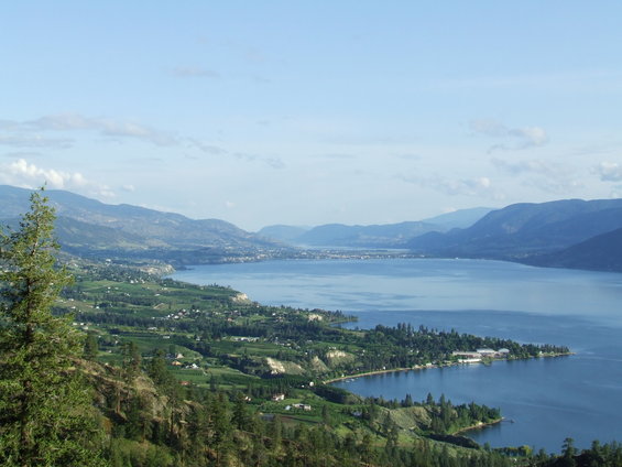 View of a large lake with mountains in the background and green hillsides dotted with trees and houses in the foreground