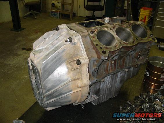 Engine block with transmission housing attached