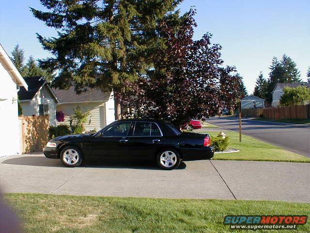 Black sedan parked on driveway, side view. Houses and trees in background
