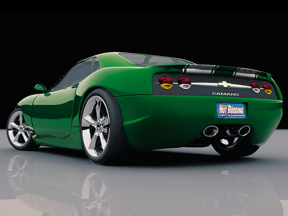 Green custom sports car with 'CAMARO' badge and 'Hot Rodding' license plate