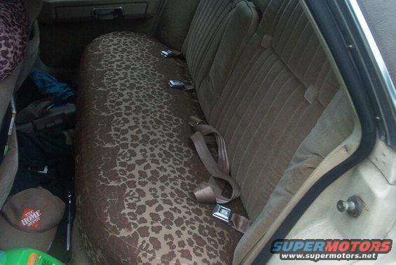 Car interior with leopard print seat covers, beige seat belts, and a Home Depot hat on the floor