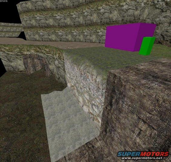 Digital scene with rocky cliffs, a purple rectangle, and a green slanted rectangle