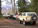 1978 Ford Bronco - Several off-road vehicles, including a 1978 Ford Bronco, are parked on a dirt trail surrounded by trees.
