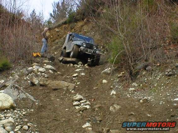Jeep CJ-7 navigating a rocky, muddy trail with a person standing nearby
