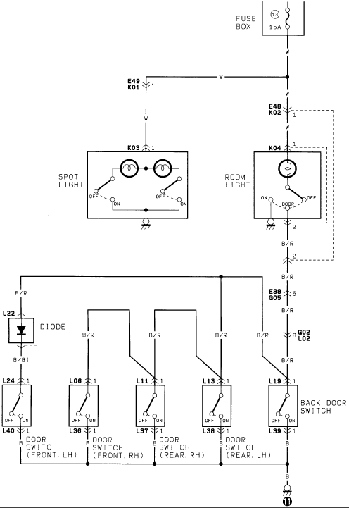 Wiring diagram with switches, fuses, and relays labeled with numbers and letters