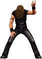 Pixel art of a heavy metal musician with long hair, wearing black leather pants and a sleeveless shirt, making a rock-and-roll hand gesture
