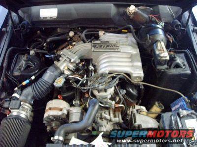 Engine bay with a Ford V8 engine, intake manifold reads '5.0 HO'