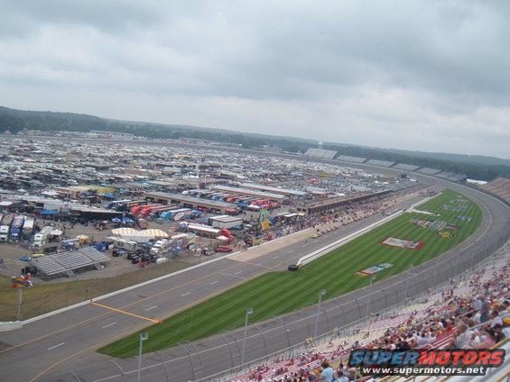 Race track parking lot filled with RVs and trailers under a cloudy sky