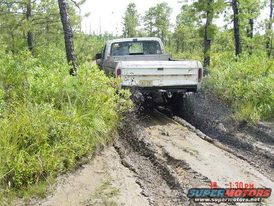 White pickup truck stuck in mud, rear view. License plate SKZ-335