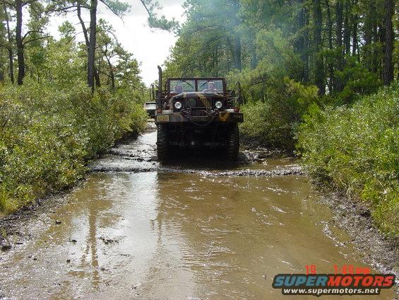 Camouflaged military truck driving through a muddy forest road