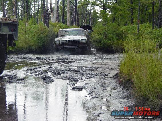 Trucks driving through a muddy forest trail. One truck is in the foreground, another is further back