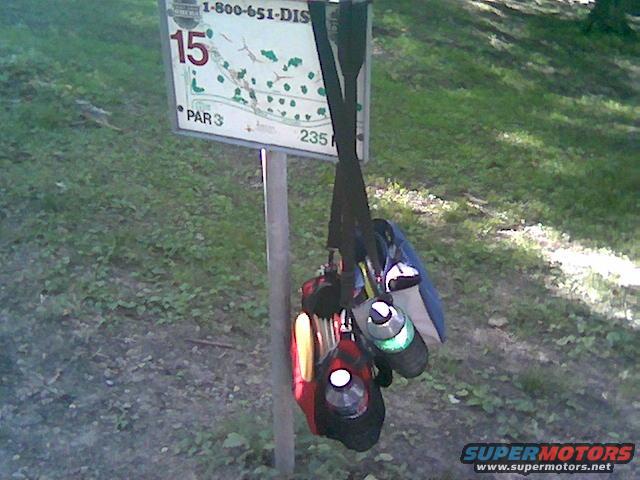 Disc golf bags hang from a signpost for hole 15