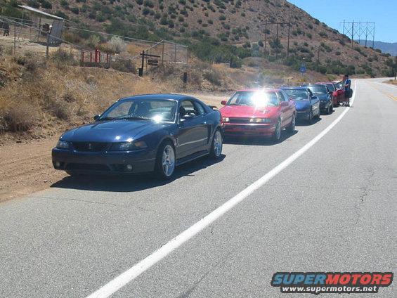 Line of sports cars on a road, blue Mustang in foreground
