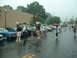 1978 Ford Mustang II - A gathering of Ford Mustangs in the rain outside a public library.