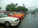1978 Ford Mustang II - A line of classic cars, including a white coupe with gold graphics, are parked on a wet asphalt lot.