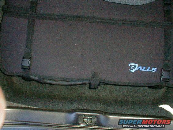 Trunk organizer with Galls logo and straps, sitting in a car trunk