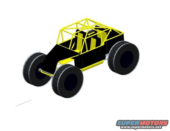 Black and yellow off-road buggy with a roll cage and large tires, viewed from a 3/4 front angle