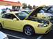 1989 Ford Mustang - Two yellow Ford Mustangs are parked side-by-side, one with its hood open.