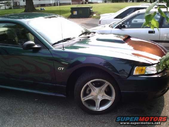 Dark green Mustang GT with custom flames on hood and fender, parked next to a white car