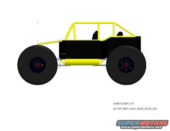 Side view of a yellow and black custom off-road vehicle diagram with large tires