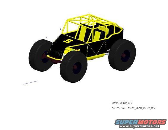 Digital rendering of a black and yellow buggy with a roll cage and large tires