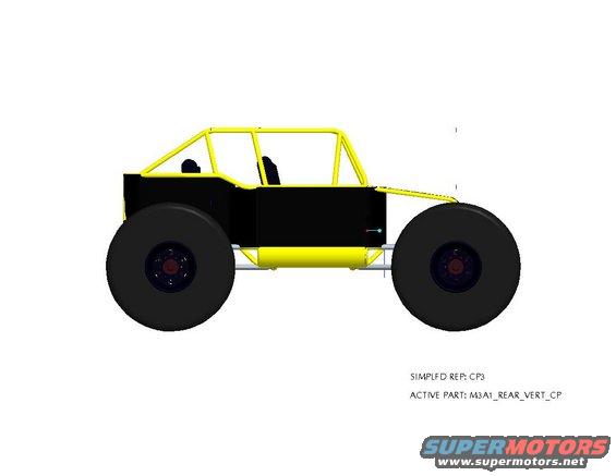 Side view diagram of a black and yellow off-road buggy with large tires and a roll cage