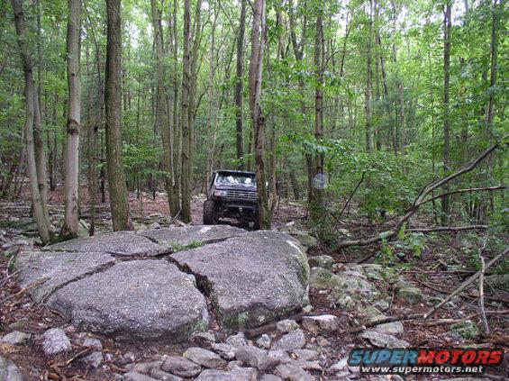 Jeep-like vehicle navigating a rocky, wooded trail