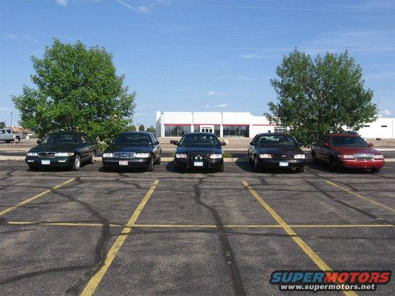 Five Ford Crown Victorias parked in a lot, four are black and appear to be police cars, one is red