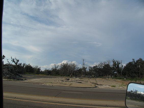Scene of destruction with debris and damaged trees under a cloudy sky