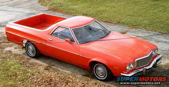 Red 1975 Ford Ranchero from a 3/4 front angle