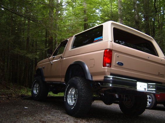 Tan 1993 Ford Bronco parked on a dirt road with trees in the background. Bronco lettering visible on rear panel