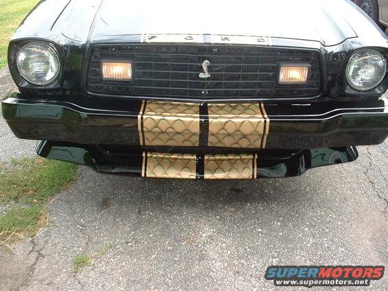 1978 Ford Mustang II Cobra II front end with gold snake scale stripes on bumper