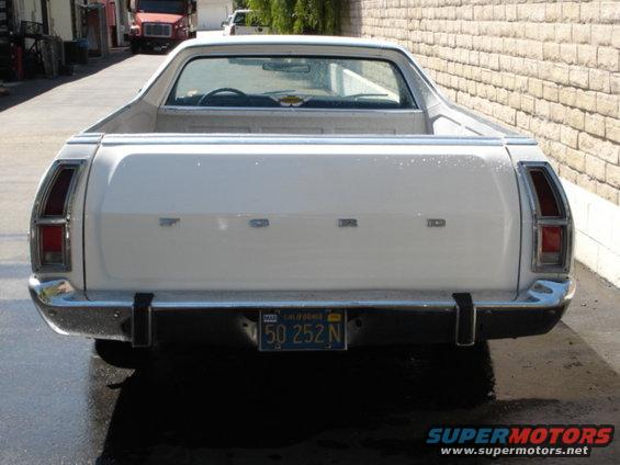 White 1972 Ford Ranchero rear view, chrome bumper, California license plate 50 252 N