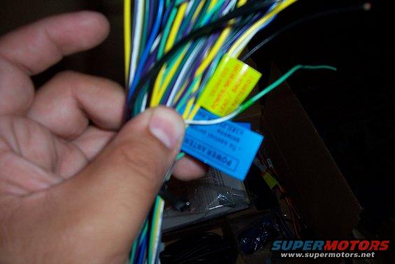Hand holding a bundle of colorful wires with blue and yellow labels attached